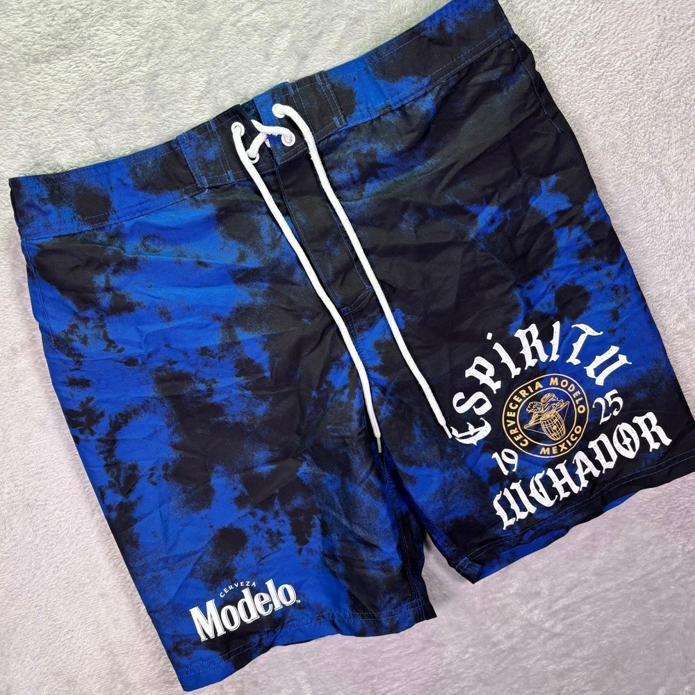Modelo Men Swim Trunks Medium Blue Black Tie‎ Dye Espiritu Luchador Board Shorts